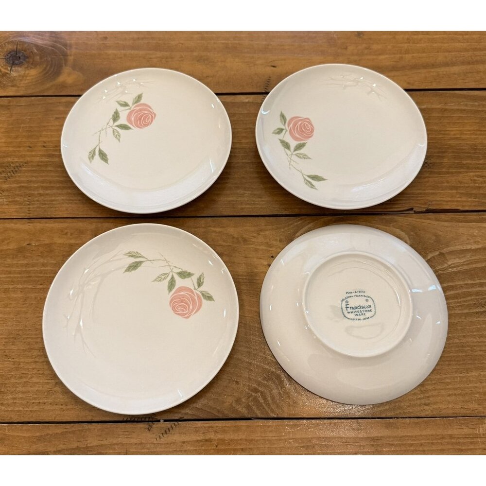 4 FRANCISCAN Pink-A-Dilly 6” Dessert Plates Cabbage Rose Floral Cottagecore 50’s